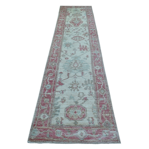 Ivory, Afghan Angora Oushak with Large Leaf Design, Organic Wool, Hand Knotted Runner Oriental 