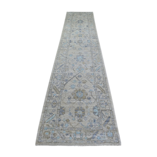 Gray Natural Wool, Afghan Angora Oushak with Floral Pattern, Hand Knotted Runner Oriental 