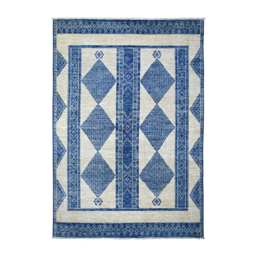 Denim Blue, Fine Peshawar with Intricate Geometric Motifs, Hand Knotted, Densely Woven, Soft and Shiny Wool Oriental 