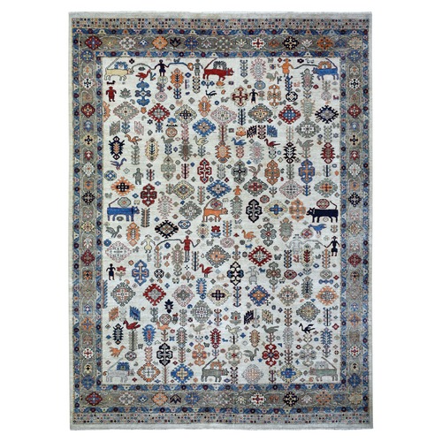 Ivory, Densely Woven Fine Peshawar with Ancient Animal Figurines, Pliable Wool Natural Dyes Hand Knotted, Oriental Rug