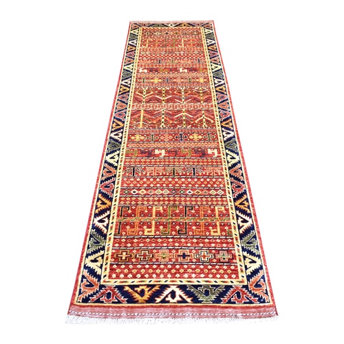 Coral Red, Afghan Ersari with Bijar Garus Design, Ancient Animal Figurines, Natural Dyes, Densely Woven, Extra Soft Wool, Hand Knotted, Runner Oriental 