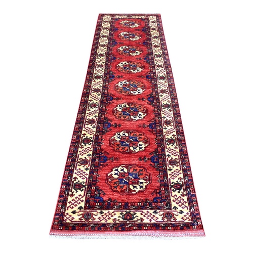 Coral Red, Afghan Ersari with Elephant Feet Design, Natural Dyes, Densely Woven, 100% Wool, Hand Knotted, Runner Oriental 