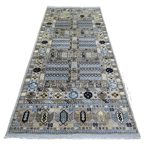 Light Gray, Turkeman Ersari with Prayer Design Natural Dyes, Densely Woven Pure Wool Hand Knotted, Wide Runner Oriental 