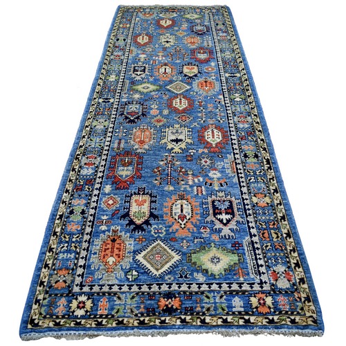Denim Blue Afghan Ersari with Large Elements Design, Hand Knotted, Natural Dyes Soft and Shiny Wool Wide Runner Oriental 