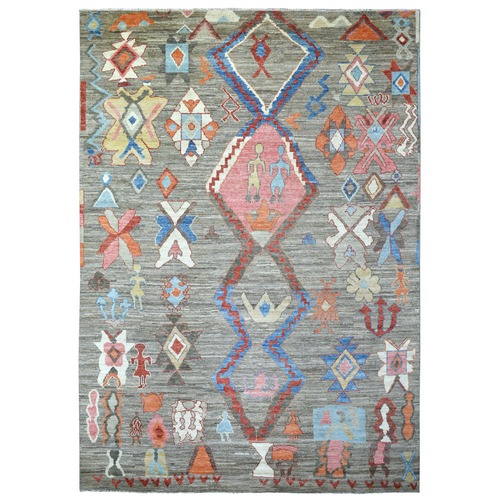 Brown, Hand Knotted, Moroccan Berber with Small Figurines, Colorful Arts and Crafts, Soft and Pliable Wool, Natural Dyes, Oriental 