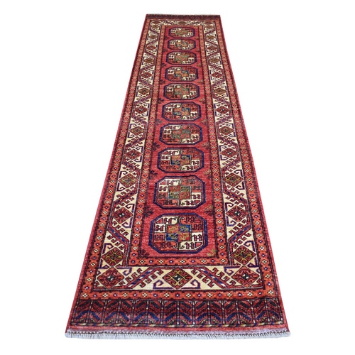 Coral Red Hand Knotted, Natural Dyes, Turkeman Ersari with Elephant Feet Design, Pure Wool Runner Oriental 