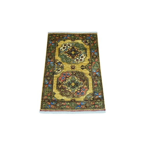 Golden Yellow Turkeman Ersari with Elephant Design, Natural Dyes, Hand Knotted Densely Woven, Soft and Shiny Wool Oriental 