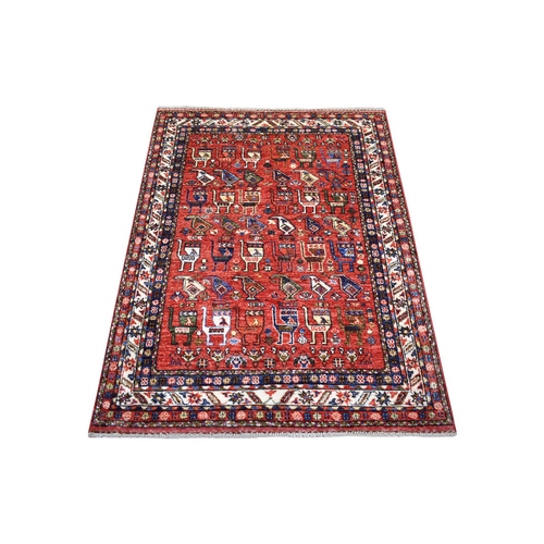 Tomato Red Afghan Ersari with Ancient Animal Figurines, Densely Woven, Natural Dyes, Hand Knotted, Pure Wool Oriental 