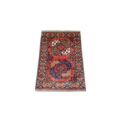 Coral Red, Hand Knotted, Densely Woven, Turkeman Ersari with Elephant Feet Design, Soft and Shiny Wool Oriental 