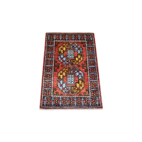 Coral Rug Afghan Ersari with Elephant Feet Design, Natural Dyes, Hand Knotted Ghazni Wool Oriental 