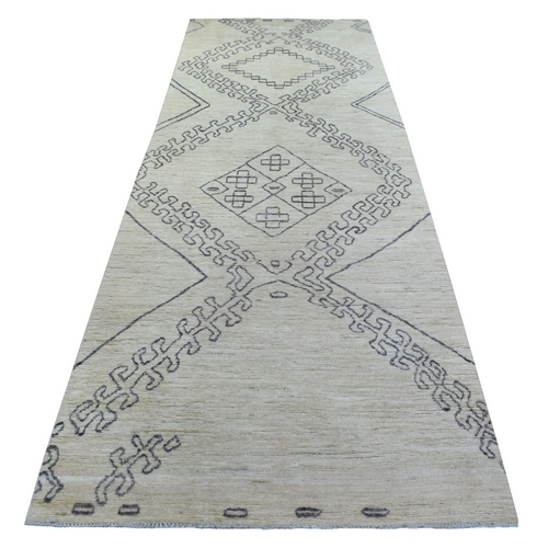 Ivory, Natural Wool, Moroccan Berber with Geometric Design, Hand Knotted, Natural Dyes, Wide Runner, Oriental 