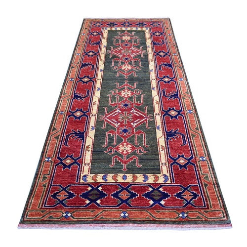 Olive Green, Natural Dyes, Hand Knotted, Turkeman Ersari with Tribal Design, Soft and Pure Wool Wide Runner Oriental 