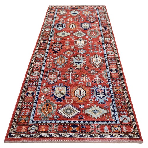 Coral Red Afghan Ersari with Large Elements Design, Natural Dyes, Hand Knotted, Soft and Shiny Wool Wide Runner Oriental 