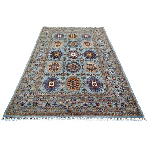 Light Blue, Natural Dyes, Extra Soft Wool, Afghan Super Kazak with Geometric Medallions Block Design, Hand Knotted, Oriental 