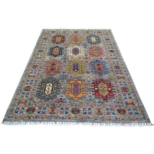 Gray, Natural Dyes, Organic Wool, Hand Knotted, Afghan Super Kazak with Geometric Medallions Block Design, Oriental 