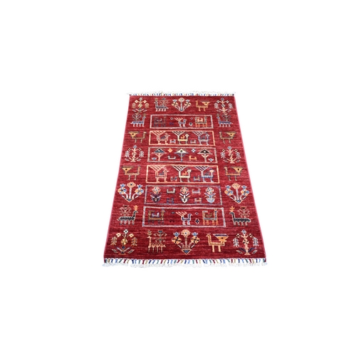 Coral Red, Hand Knotted Natural Dyes, Afghan Super Kazak with Animal Figurines, Pure Wool Oriental 