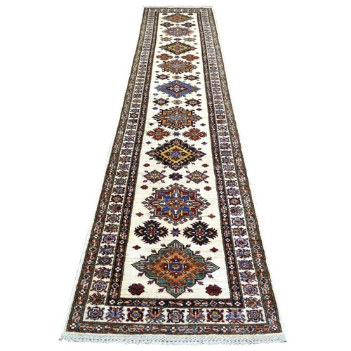 Ivory Hand Knotted, Afghan Super Kazak with Geometric Medallion Design, Natural Dyes, Pure Wool Runner Oriental 