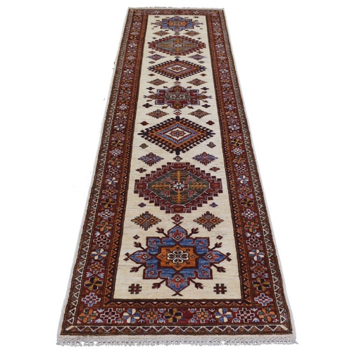 Ivory Natural Dyes, Afghan Super Kazak with Geometric Design, Hand Knotted Pure Wool Oriental 