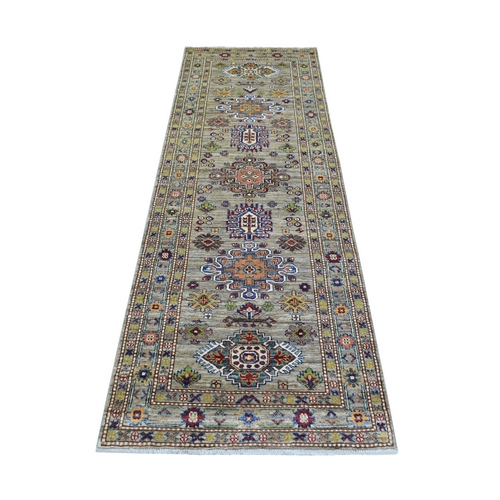 Taupe Afghan Super Kazak With Tribal Design Hand Knotted, Natural Dyes, Pure Wool Runner Oriental 
