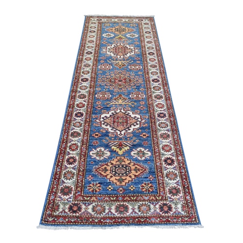 Denim Blue Hand Knotted, Afghan Super Kazak with Geometric Medallion Design, Natural Dyes Pure Wool Runner Oriental 