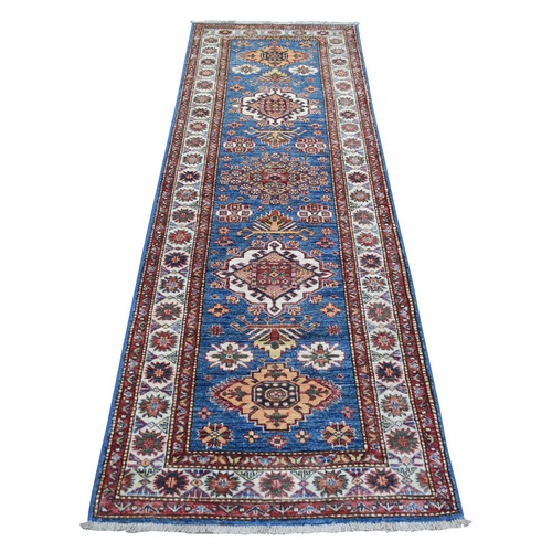 Denim Blue Afghan Super Kazak with Geometric Medallion Design, Natural Dyes Hand Knotted, Soft and Shiny Wool Runner Oriental 