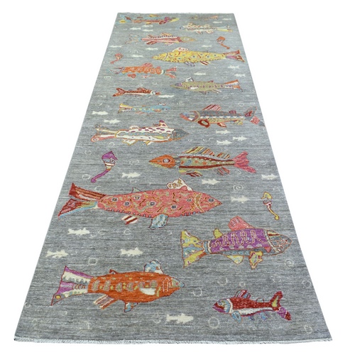 Gray Afghan Peshawar with Oceanic Fish Design, Hand Knotted, Pure Wool Wide Runner Oriental Rug