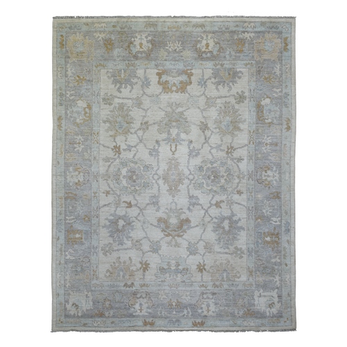 Ivory Afghan Angora Ushak with All Over Leaf Design, Hand Knotted, Soft and Velvety Wool Oriental Rug
