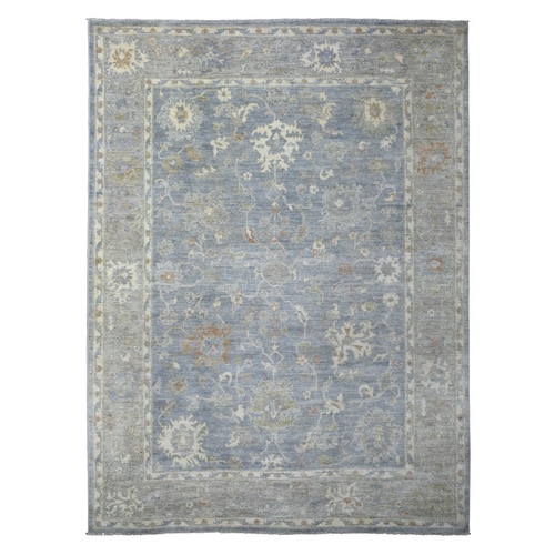 Silver Blue, Afghan Angora Oushak with Soft Colors, Hand Knotted, Soft and Shiny Wool Oriental Rug