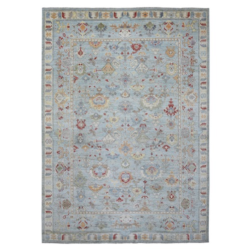 Light Blue, Angora Oushak with Colorful Motifs, Pure Wool Hand Knotted, Oriental 
