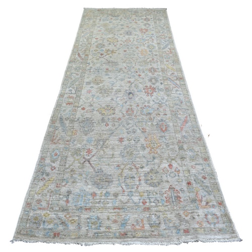 Gray Hand Knotted, Afghan Angora Oushak with Floral Pattern, Soft and Velvety Wool Wide Runner Oriental 
