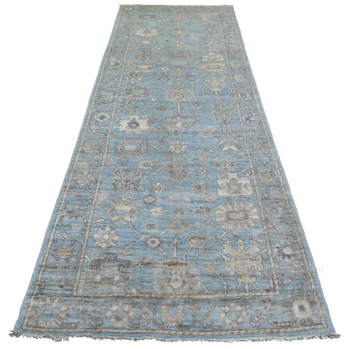 Blue, Hand Knotted, Afghan Angora Oushak with Leaf Design, Soft and Natural Wool Wide Runner Oriental 