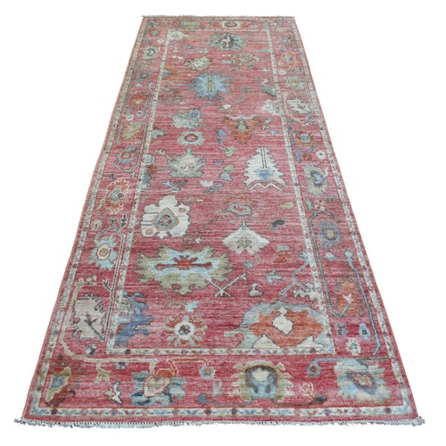 Coral Red Hand Knotted, Afghan Angora Ushak with Colorful Leaf Design, Extra Soft Wool Wide Runner Oriental 