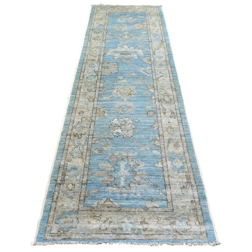 Light Blue Afghan Angora Oushak with Leaf Design, Hand Knotted Pure Wool Runner Oriental 