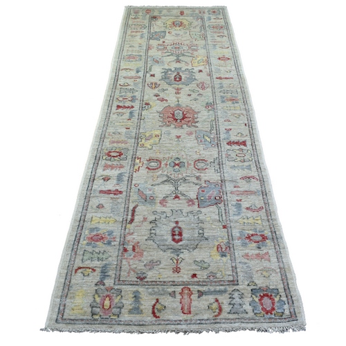 Gray Hand Knotted Afghan Angora Oushak with Pop of Colors Design Pure Wool Wide Runner Oriental 