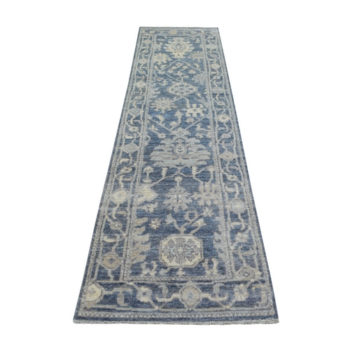 Denim Blue Afghan Angora Oushak with Large Leaf Design, Hand Knotted Pliable Wool Runner Oriental 