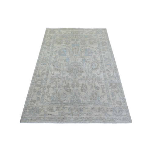Ivory, White Wash Peshawar with Motifs, Soft Wool Natural Dyes Hand Knotted, Oriental Rug