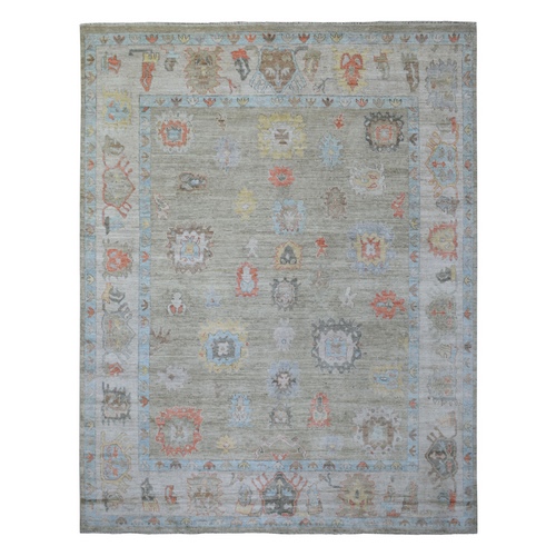 Gray, Angora Oushak with Colorful Motifs, Extra Soft Wool Hand Knotted, Oriental Rug