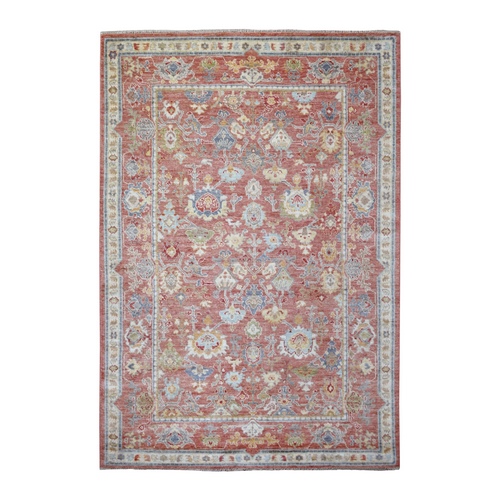 Coral Pink Afghan Angora Oushak wiith All Over Leaf Design, Hand Knotted Soft and Shiny Wool Oriental Rug