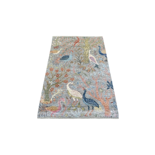 Gray, Densely Woven Hand Knotted Fine Peshawar with Birds of Paradise, Soft Wool Natural Dyes, Oriental Rug