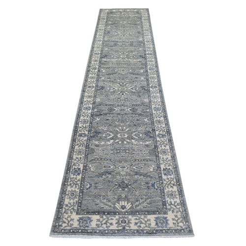 Gray, Hand Knotted Densely Woven, Fine Peshawar with Ziegler Mahal Design Pliable Wool Natural Dyes, Runner Oriental 