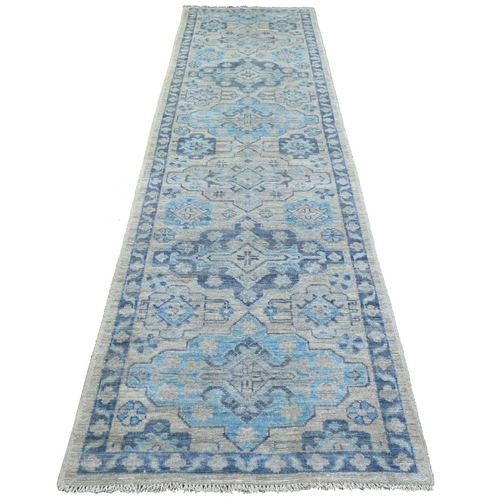 Gray Hand Knotted, Afghan Angora Oushak with Geometric Medallion Design, Soft and Shiny Wool, Wide Runner Oriental 