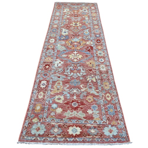 Coral Red Afghan Angora Oushak with All Over Leaf Design, Hand Knotted, Soft and Shiny Wool Runner Oriental 