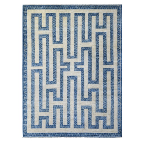 Denim Blue Maze Design with Berber Influence, Hand Knotted, Densely Woven, Soft and Shiny Wool Oriental Rug