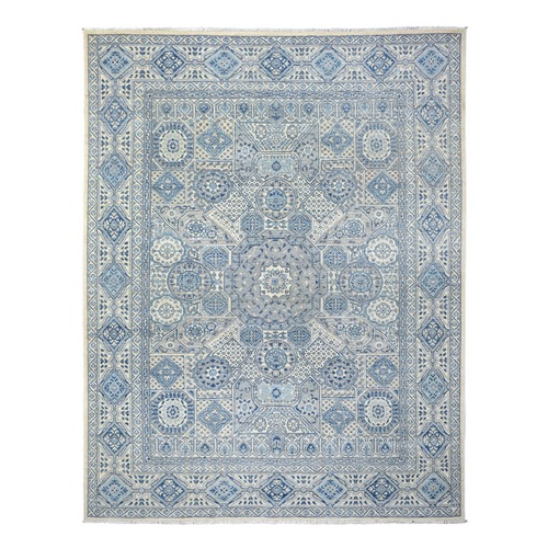 Ivory with Touches of Denim Blue, Hand Knotted Fine Peshawar with Large Medallion Design, Densely Woven Soft Wool, Oriental Rug