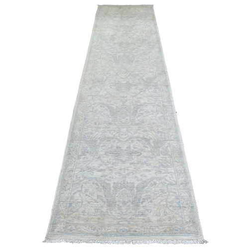 Ivory Hand Knotted Pure Wool Natural Dyes White Wash Peshawar Runner Oriental Rug