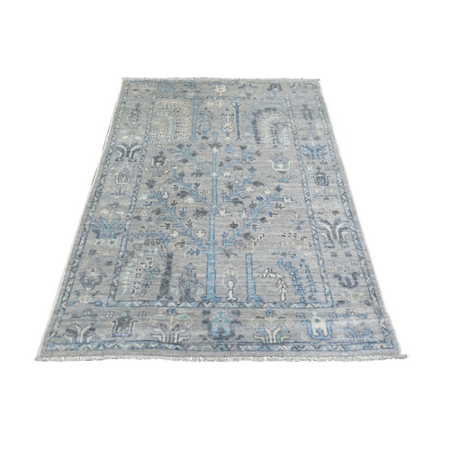 Gray, Soft Wool Hand Knotted, Afghan Angora Oushak with Cypress and Willow Tree Design Natural Dyes, Oriental Rug