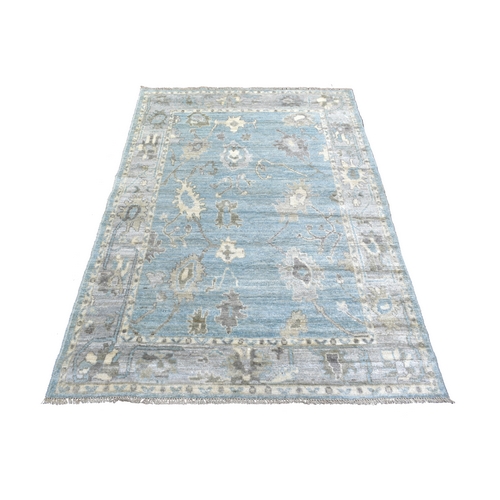 Blue, Afghan Angora Oushak with Motifs Design Natural Dyes, Soft Wool Hand Knotted, Oriental Rug