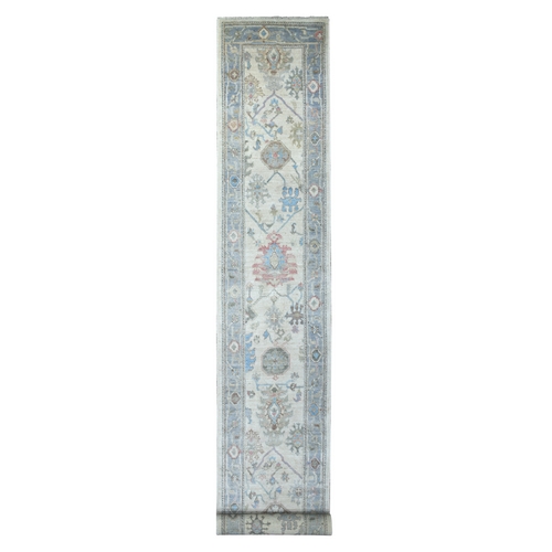 Ivory, Angora Ushak with Colorful Motifs Natural Dyes, Afghan Wool Hand Knotted, XL Runner Oriental Rug