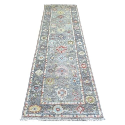 Gray, Afghan Wool Hand Knotted, Angora Ushak with Colorful Motifs Natural Dyes, Runner Oriental 
