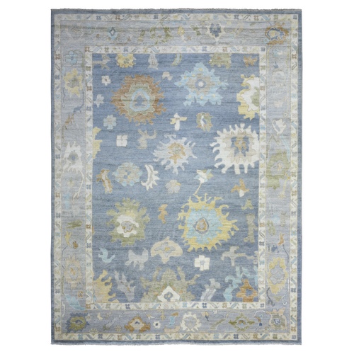 Queen Blue, Hand Knotted, Afghan Angora Oushak with Large Floral Pattern, Natural Dyes, Soft Wool, Oriental 